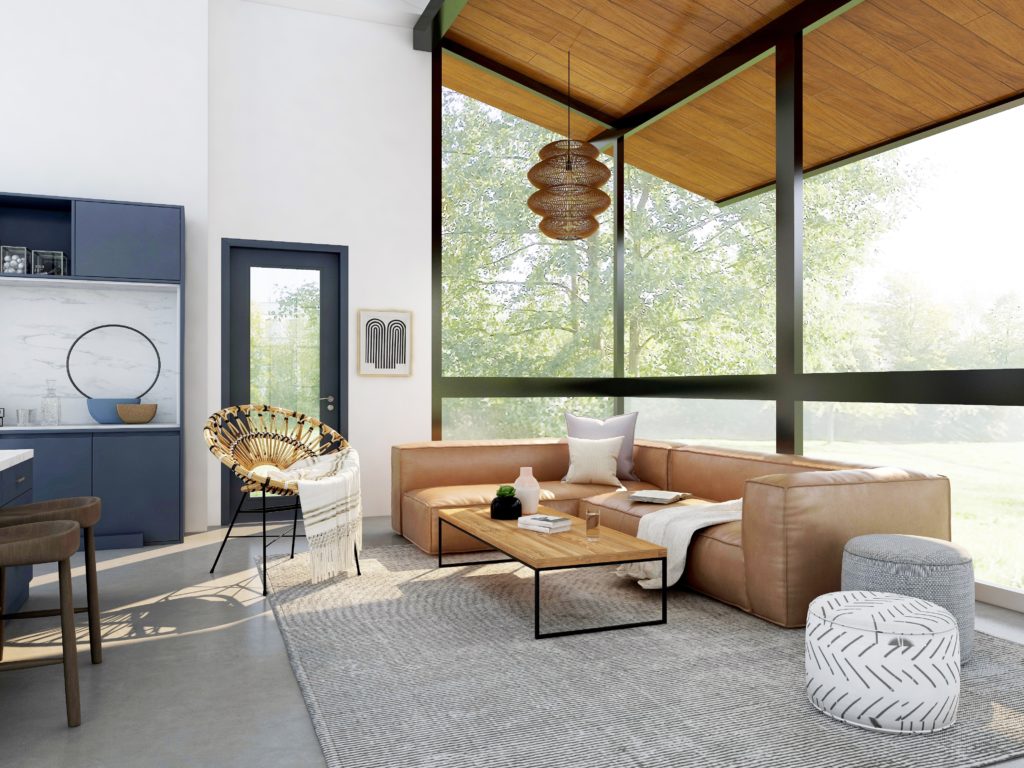 A well-designed living room with big windows.