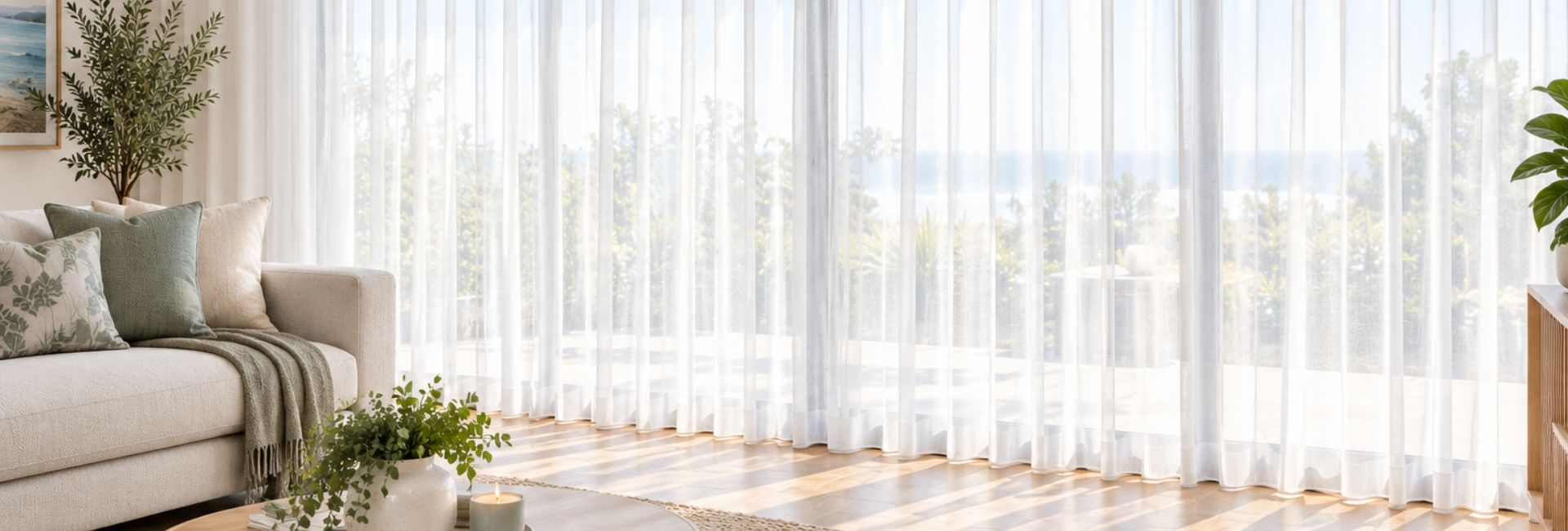 Sheer blinds in living room of coastal home